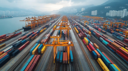 Aerial view of a bustling cargo terminal filled with colorful shipping containers at a harbor during overcast weather. Generative AIの素材