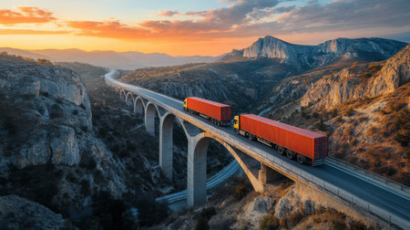 Trucks crossing a bridge at sunset in a mountainous landscape with a winding road below, showcasing scenic transportation. Generative AIの素材