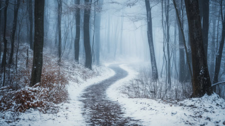 A peaceful snowy path winding through a foggy winter forest at dawnの素材