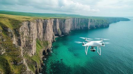 A drone captures breathtaking aerial views of dramatic cliffs and turquoise waters on a clear day in a coastal landscape. Generative AIの素材