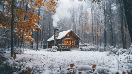 Cozy log cabin surrounded by snow-covered trees in a peaceful winter forestの素材
