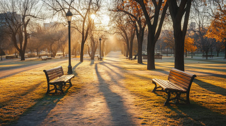 Golden sunrise in a quiet park with benches lining the pathway and frost on the grassの素材
