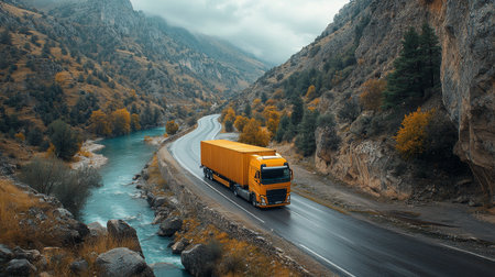 A vibrant yellow truck traverses a winding mountain road alongside a tranquil river on a cloudy day in autumn. Generative AIの素材