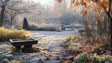 A serene winter morning in a frost-covered garden with fallen leaves and sunlightの素材