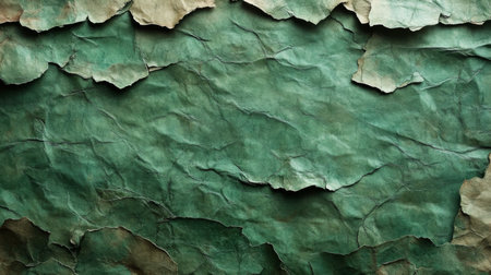 Textured green background with layered, torn paper in natural light, showcasing earthy tones and intricate patterns. Generative AIの素材
