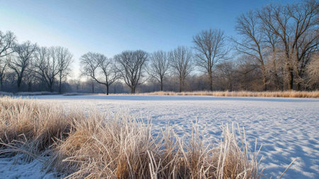 Frost-covered landscape with bare trees and frozen pond during early morning lightの素材