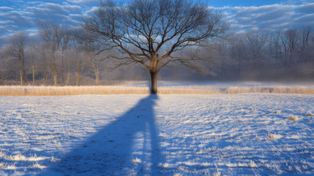A lone tree casts a long shadow across a snowy field under a clear blue sky at dawnの素材