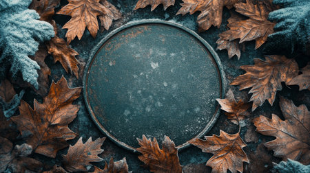 A circular stone surrounded by autumn leaves on a cold, frosty morningの素材