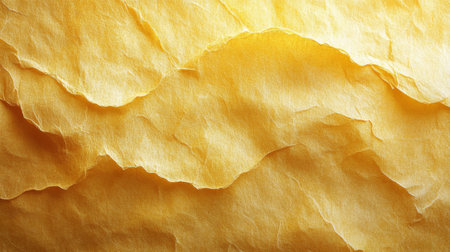 Close-up of textured yellow paper revealing intricate layers and folds under soft lighting in a warm setting. Generative AIの素材