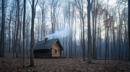 Cozy log cabin in a misty forest with smoke rising from the chimney at duskの素材