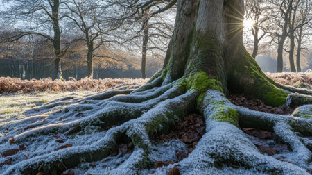 The sun shines through the trees, casting a glow on frosty roots in a winter forestの素材