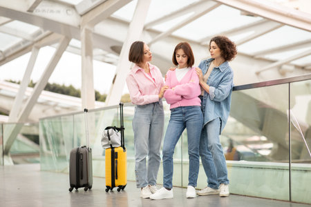 Three friends enjoying travel moments at a modern airport terminalの写真素材