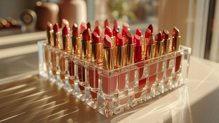 Sunlit Assortment of Lipsticks in a Clear Organizer on a Spring Morningの素材