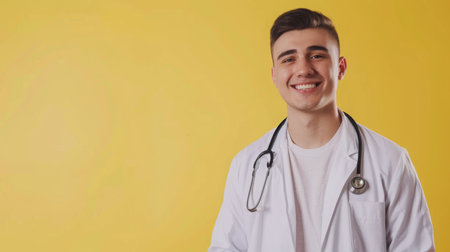 Smiling Male Doctor With Stethoscope Against Yellow Background During Daytimeの素材