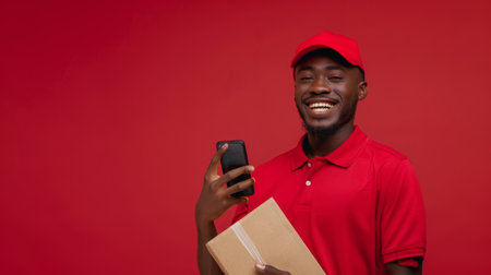 Smiling Black Delivery Worker Holding Parcel and Smartphone Against Red Backgroundの素材