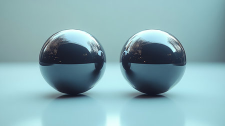 Two glossy spheres reflecting light on a smooth surface, creating an intriguing visual effect and harmony in design aesthetics. Generative AIの素材