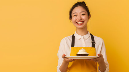 Smiling Asian Baker, Holding Cake in Yellow Apron in Studioの素材