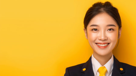 Smiling Young Woman in Uniform Against Bright Yellow Background During Daytimeの素材
