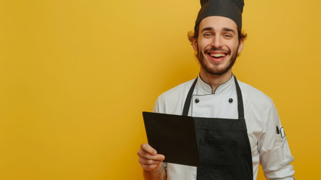 Smiling Chef Holding Menu Against Bright Yellow Background During Daytimeの素材