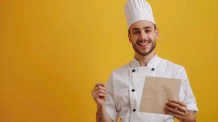 Smiling Chef in White Uniform Holding Recipe Against Yellow Backgroundの素材