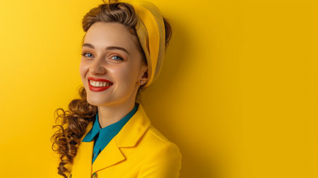 Smiling Woman In Yellow Outfit Standing Against Bright Yellow Backgroundの素材