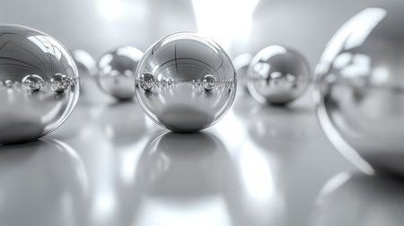 Reflective silver spheres scattered across a shiny surface in a well-lit indoor space during daylight hours. Generative AIの素材