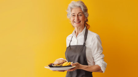Smiling Senior Woman Holding a Meal in a Gray Apron Against a Bright Yellow Backgroundの素材