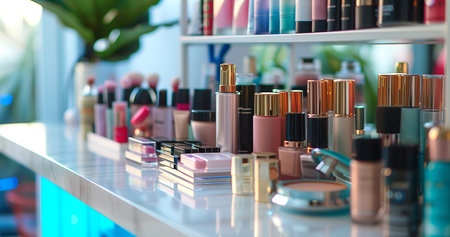 Bright Makeup Store Display With Assorted Cosmetics in the Morningの素材