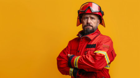 Firefighter in Red Uniform Posing Against Yellow Background, Daytimeの素材