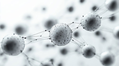 Abstract representation of interconnected atoms or molecules floating in a light gray space at a conceptual level. Generative AIの素材