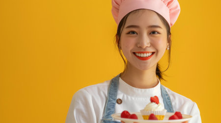 Smiling Woman Chef Holding Dessert With Yellow Background During Daytimeの素材