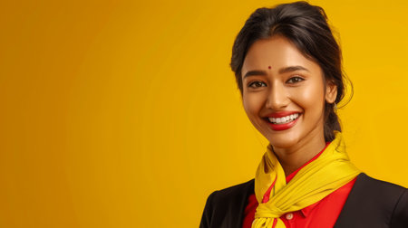 Smiling Indian Airline Attendant in Uniform Posing Against Yellow Background, Daytimeの素材