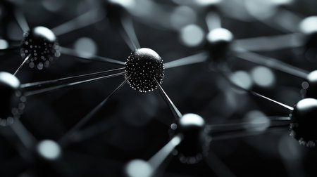 Abstract nodes and strands on a dark backdrop, showcasing complex networks that highlight technology and science. Generative AIの素材