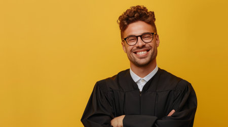 Young Judge Smiling Against Yellow Background in Cap and Gown During Daytimeの素材