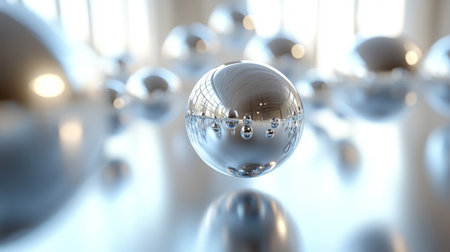 Reflective metallic spheres scattered throughout a bright, airy space showcasing intriguing sunlight reflections. Generative AIの素材