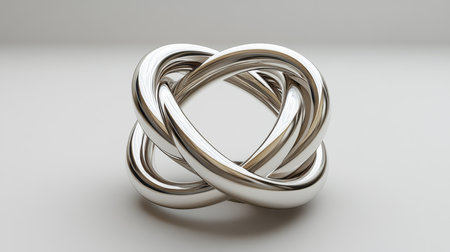 A sleek silver intertwined sculpture showcasing elegant curves and symmetry, ideal for modern art displays or home decor. Generative AIの素材