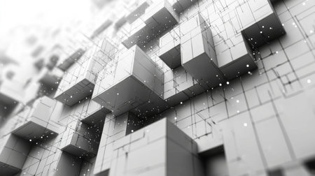 Abstract gray and white cube structures with intricate lines and floating particles in a modern artistic setting. Generative AIの素材