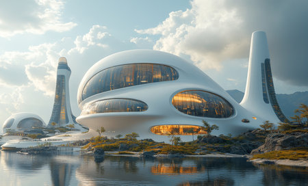 Futuristic architectural structures on a serene waterfront with cloudy skies in a vibrant landscape during the golden hour. Generative AIの素材