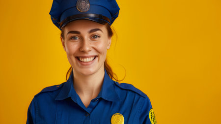 Female Police Officer Smiling Against Yellow Backgroundの素材