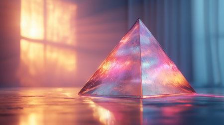 A stunning glass pyramid reflecting colorful light during sunset in an indoor setting, creating a captivating atmosphere. Generative AIの素材