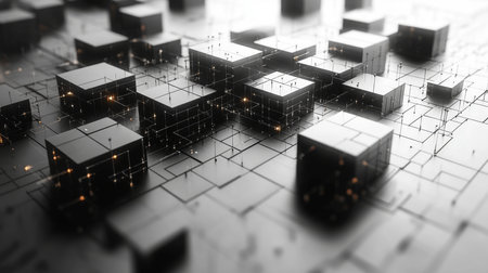 Abstract black cubes illuminated by scattered lights on a dark grid surface during a futuristic digital environment exploration. Generative AIの素材