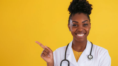 Smiling Doctor Points to the Right Against Bright Yellow Backgroundの素材