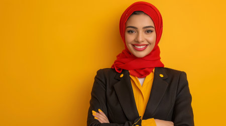 Confident Woman Stewardess in Red Hijab Smiling Against Yellow Background During Daytimeの素材