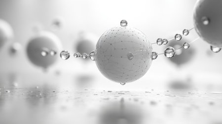 Abstract design featuring white spherical forms with droplets on a reflective surface, creating a minimalist and futuristic aesthetic. Generative AIの素材