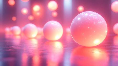 Soft glowing spheres scatter across a reflective surface illuminated by vibrant pink and purple lights in a modern setting. Generative AIの素材
