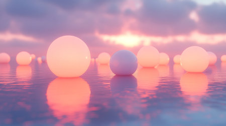 Translucent spheres floating on calm water at sunset, creating a serene atmosphere with pastel hues reflected in the surface. Generative AIの素材