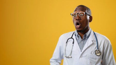 Surprised Black Doctor Wearing White Coat and Stethoscope Against Yellow Background, Daytimeの素材
