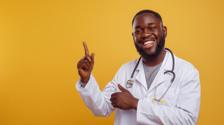 Smiling Black Doctor Pointing Upwards in Front of Yellow Background During Daytimeの素材