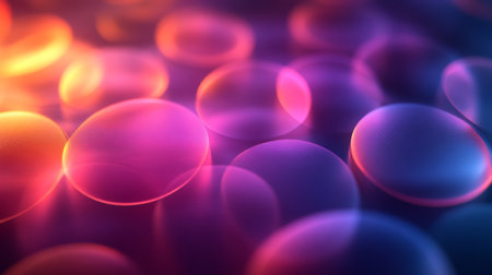 Colorful abstract bubbles illuminated in various shades on a blurred background, creating a vibrant visual effect at dusk. Generative AIの素材