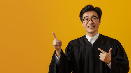 Smiling Asian Man Judge Wearing Gown and Glasses Pointing at Yellow Backgroundの素材